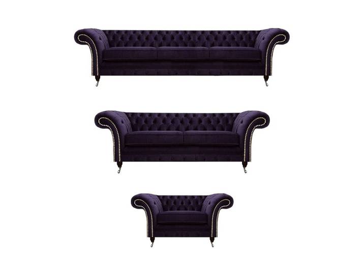 JVmoebel Chesterfield-Sofa Elegantes Polstermöbel Set in warmem Lilaton mit Knopfdetails, Set 3 Teile, Made in Europa