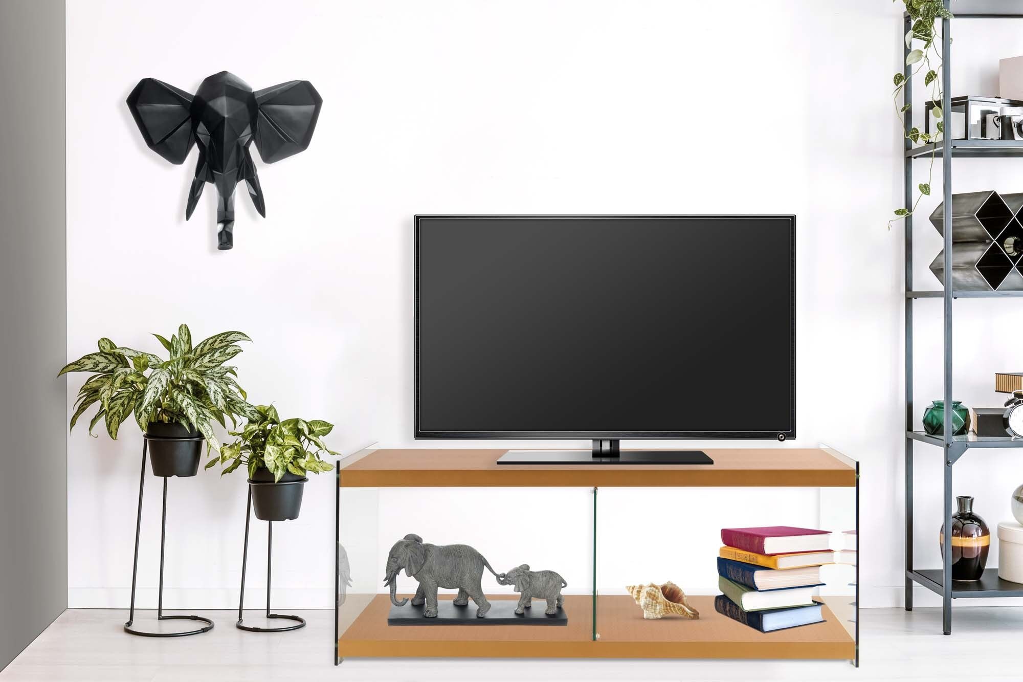TV-Schrank KAYOOM "TV-Tisch Elementary, eckige Form, viel Ablagefläche", gold, B:120cm H:45cm T:60cm, Schränke, TV-Schrank, TV-Tisch, gehärtetes Glas, pflegeleicht gold B/H/T: 120cm x 45cm x 60cm