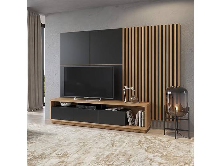 Lomadox Wohnwand TV-Wand braun & schwarz 4-teilig Modern mit Eiche Nb. inkl. TV-Lowboard