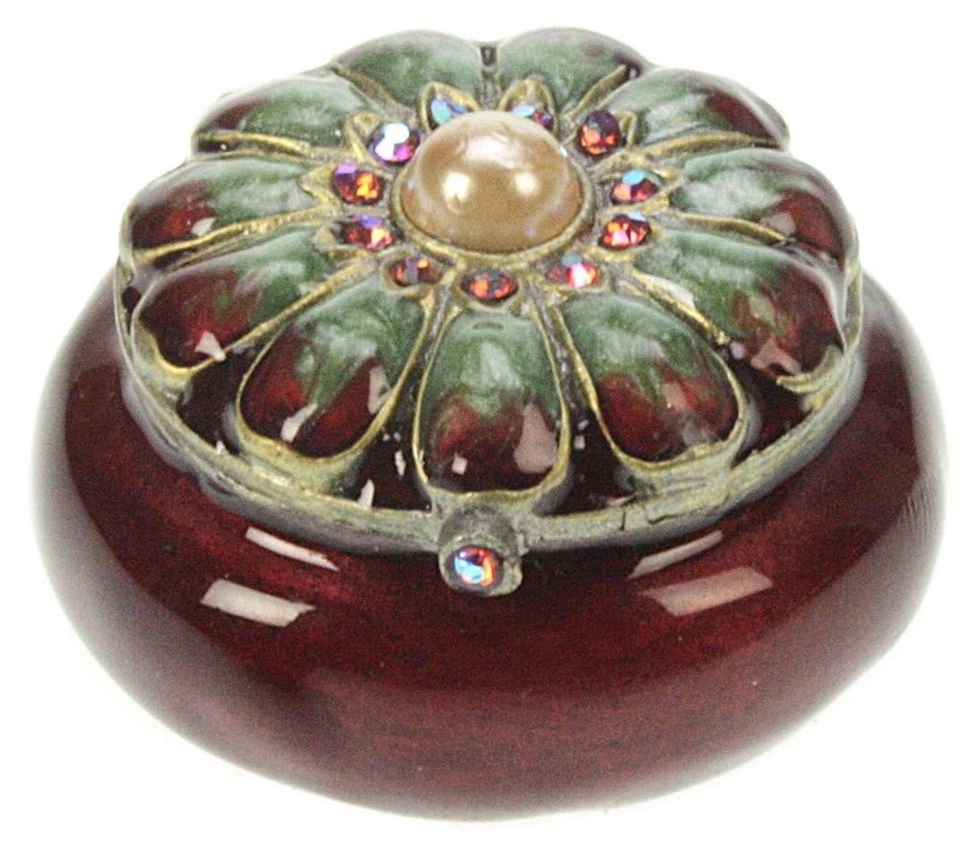 Meander decoratieve doos met bloemmotief in rood/groen, diameter 4 cm