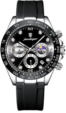 Inspire Select POEDAGAR Luxury Military Chronograph Men's Watch Waterproof Luminous Quartz Wristwatch With Date 629 Silver Black C