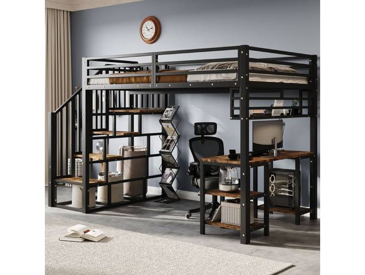 Lit mezzanine - Fer - Bureau intégré - Escaliers sécurisés - Étagère rangement - 120x200cm