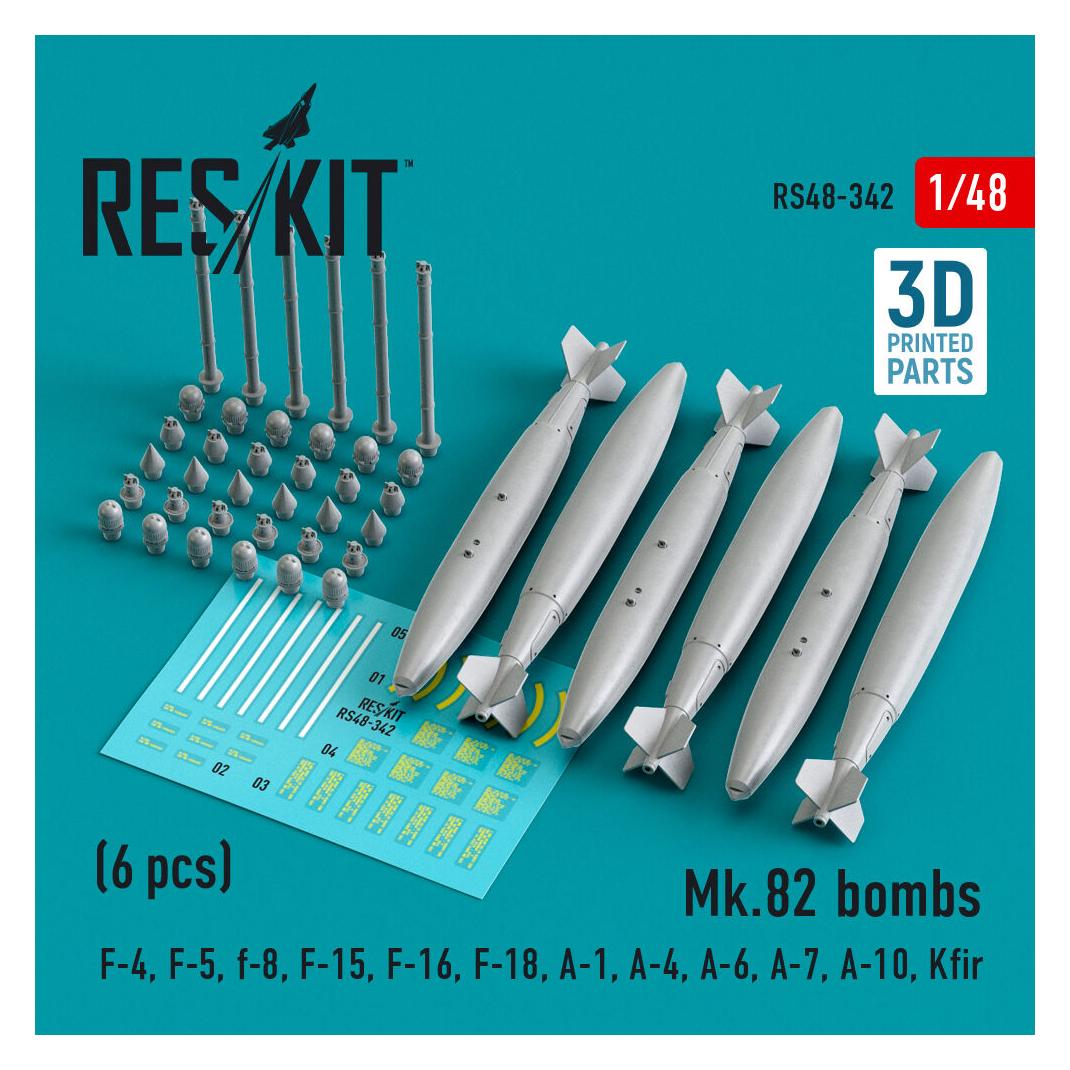 ResKit Mk.82 bombs (6 pcs) (F-4, F-5, F-8, F-15, F-16, F-18, A-1, A-4, A-6, A-7, A-10, Kfir) (3D Printed) (RS48-0342)