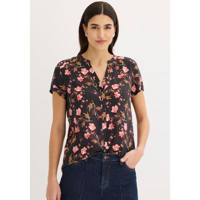 Kurzarmbluse BONPRIX, Damen, Gr. 44, bunt (schwarz geblümt), Web, Obermaterial: 100% Viskose, regular fit, Blusen, Regular Fit, für Businessmode, aus Viskose, feminin gestaltet
