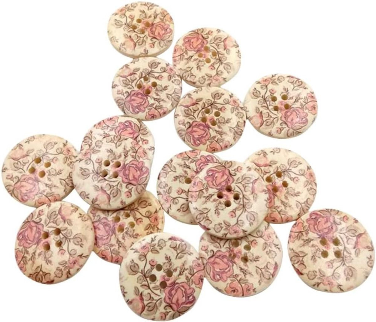 Houten Knopen Set met Bloemenprint - Multicolor - 30 mm