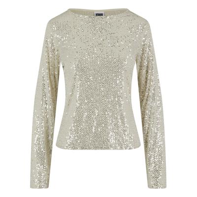 Longsleeve URBAN CLASSICS "Urban Classics Ladies Sequins Longsleeve", Damen, Gr. M, silber (sandweiß), 100% Kunststoff, unifarben, loose fit, Rundhals, Shirts