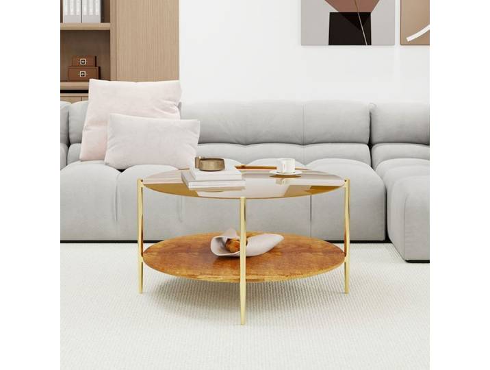 Table basse - WESTYLE - Ø82 H45 - Plateau verre doré - Base bois - Rangement ouvert