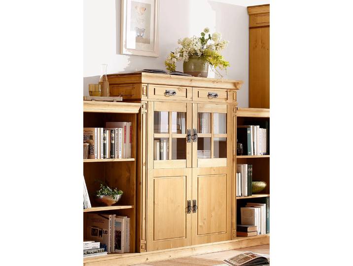 Highboard GOODPRODUCT Vinales, 2 Schubladen, 4 Türen, 3 Einlegeböden, Griffe im Jugendstil , beige (natur, geölt), B:112cm H:130cm T:39cm, FSC-zertifiziertes Massivholz, Sideboards, Highboard, Vitrine, Messinggriffe im Jugendstil, Kiefer, FSC