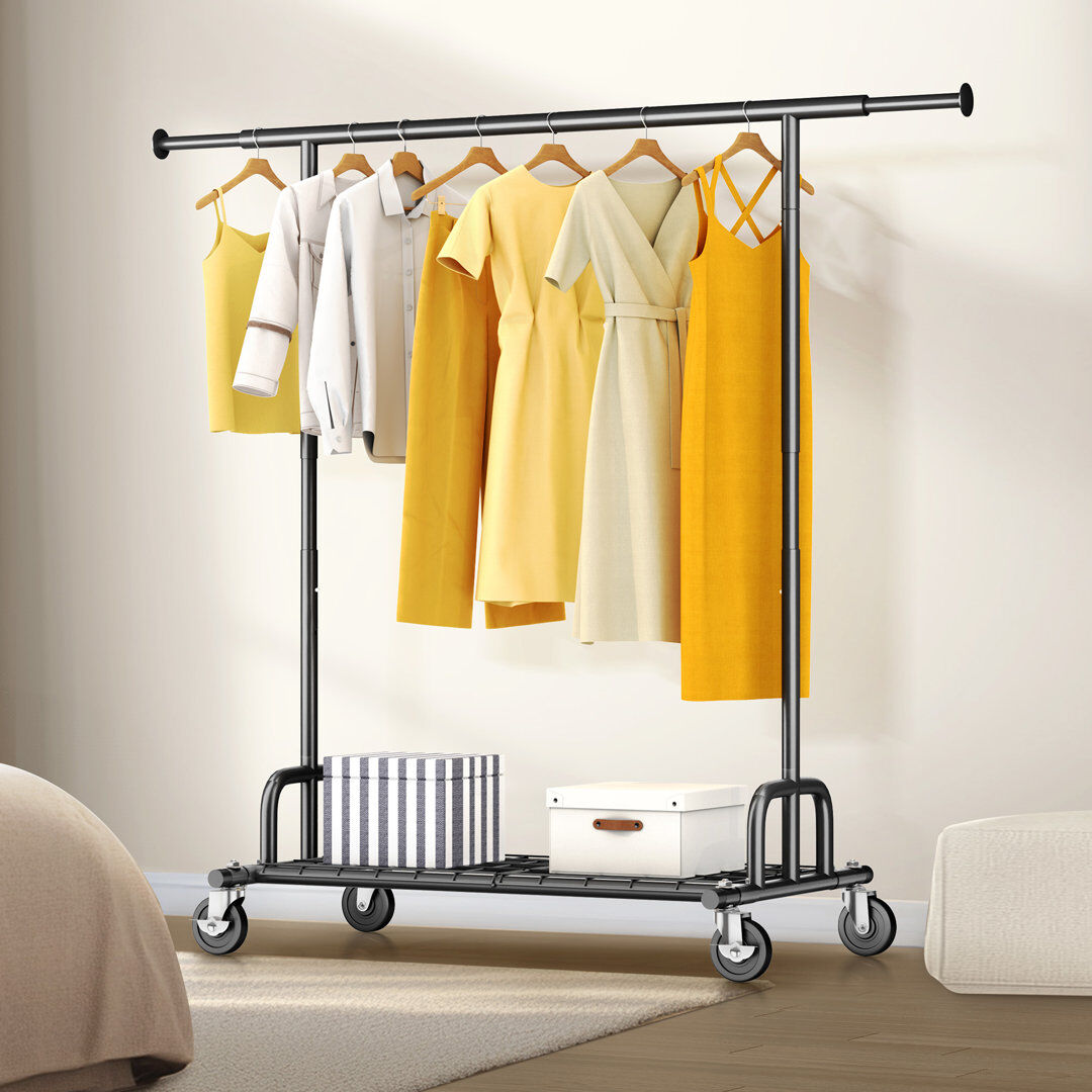 Rebrilliant Heavy Duty Clothes Rail 238kg (525lbs) Capacity, Extendable Hanging Rack with Lockable Wheels & Shelves Black