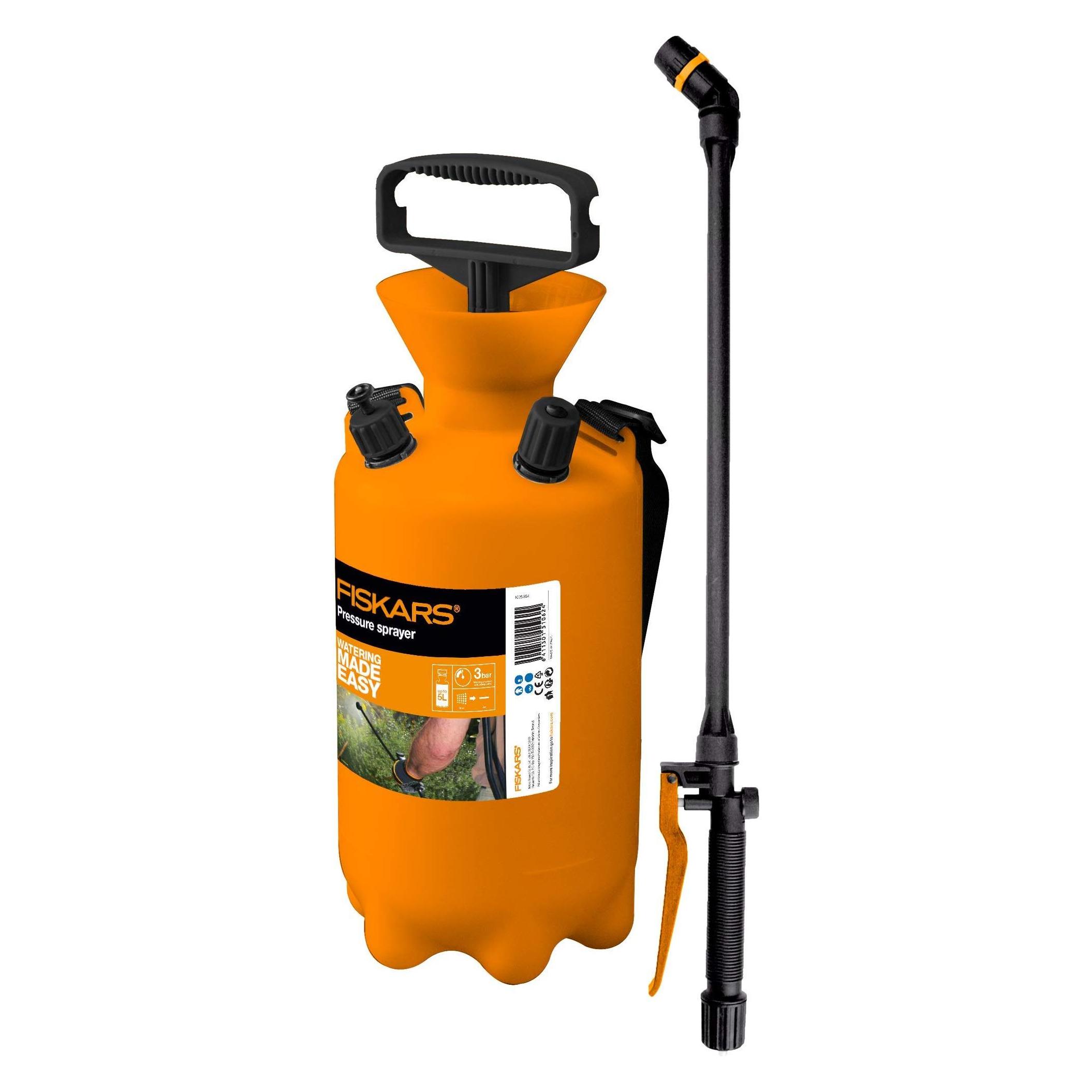 Fiskars Drucksprüher, Für Pflanzenbehandlungen auf Wasserbasis, Einstellbares Sprühbild, Sicherheits (5 l) (1025934)