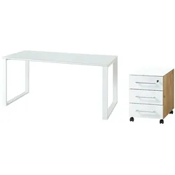 Schreibtisch Set MUENCHEN | 160x80cm Tisch & Container | Glasplatte Soft-Close Abschließbar | Chalet-Eiche-Nb./Weiß | Kadima Design