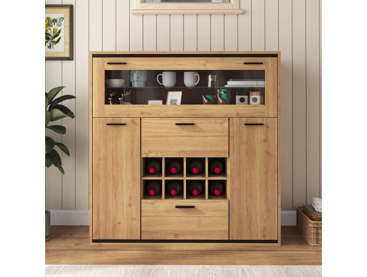 Buffet de cuisine avec armoire, étagères en verre, porte-bouteilles, support à vin en bois, vitrine de restaurant, bar, buffet