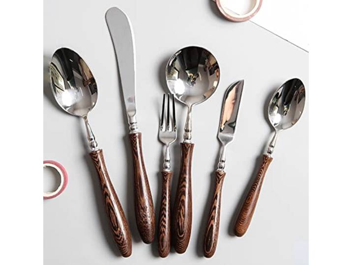 TTiiLoe 6-teiliges Besteck-Set mit Wenge-Griff, Edelstahl-Besteck-Set mit Holzgriff, Luxus-Holzgriff, Gabeln, Löffel, Messer, Besteck-Set (Color : Wenge, Size : Set 2-12pcs)