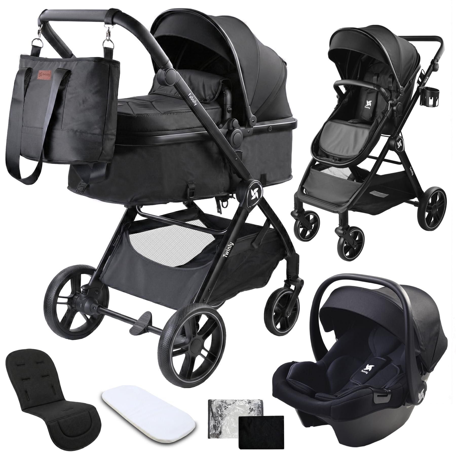 Kinderwagen 3-in-1 - Autositze nach i-Size Norm - Umkehrbar - Kompakt zusammenklappbar - Schwarz