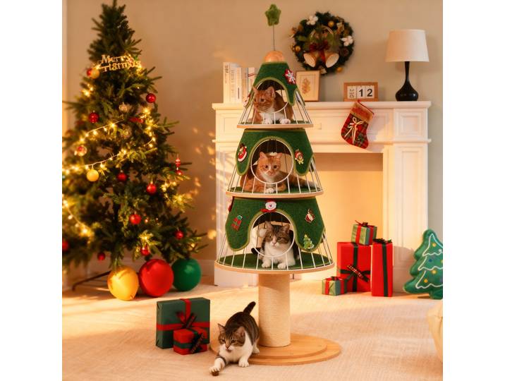 Tour d'arbre à chat pour Festival de noël avec 3 condos confortables, poteaux à gratter, meubles pour chat, lit de maison pour chat, accessoires pour chats
