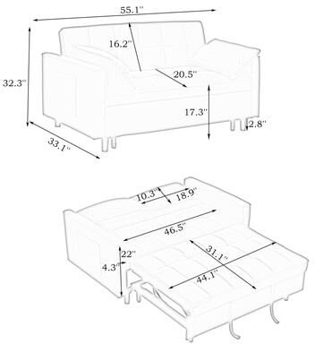 GREATPLANINC 3 in 1 Convertible Sleeper Sofa, Velvet Loveseat Futon Couch Pull-Out Sofa Bed, Lounge Sofa with Reclining Backrest