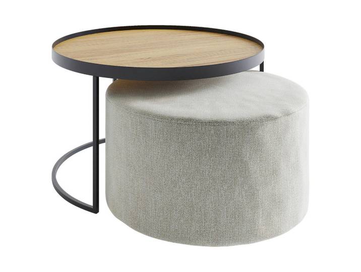 Novel Couchtischset Collare, Eiche, Hellgrau, Holz, 2-teilig, Eiche, massiv, rund, C-Form, 50x49x50 cm, Holzmöbel, Holztische, Couchtische Holz