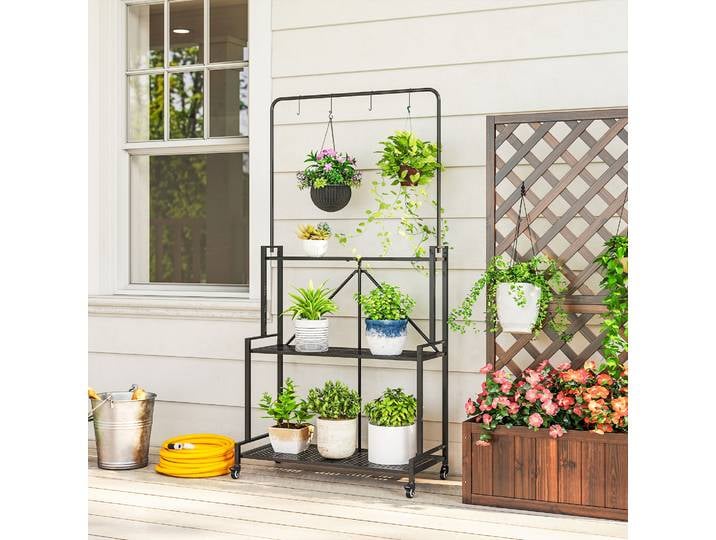 Outsunny Support Plantes 3 Niveaux Métal Pliable avec Roulettes Noir