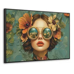 LEINWAND Bilder mit Rahmen - Frau - Blumen - Schmetterlinge - Natur - Vintage - 120x80