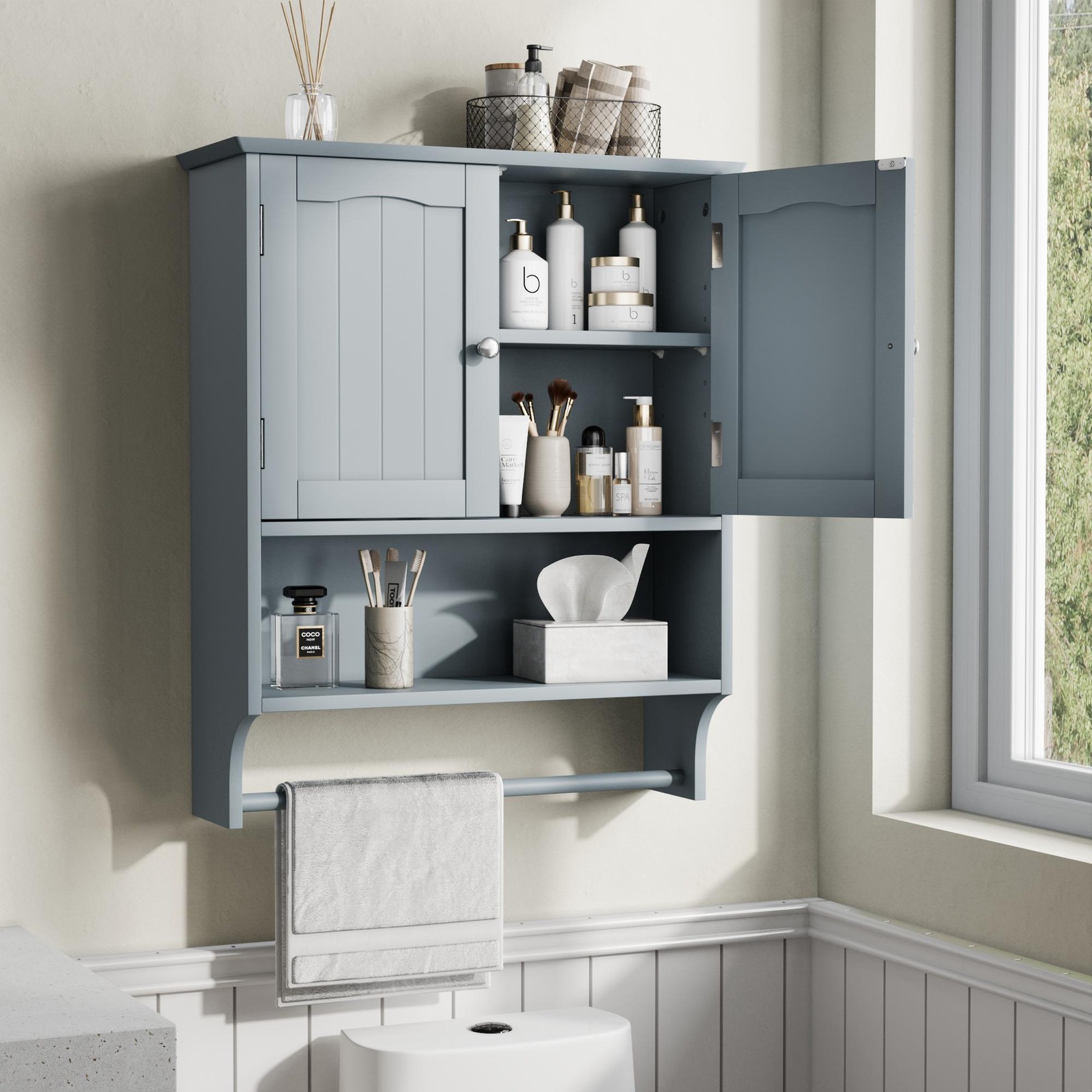STILVORA Badkamerkast met handdoekhouder, open planken en 2 deuren, wandmontage, MDF
