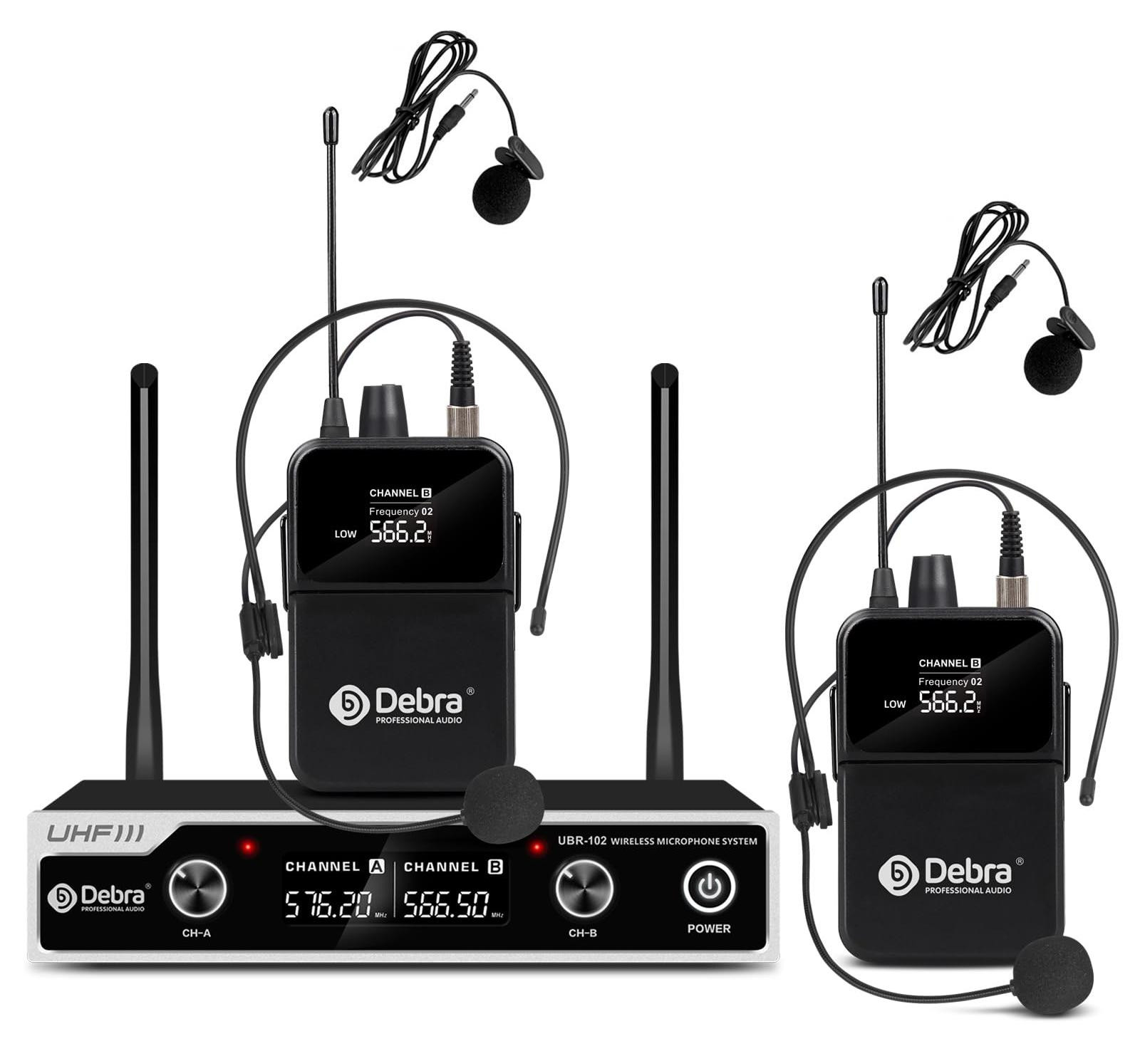 Selius Draadloze Microfoonset UHF met 2 Lavalier en 2 Headset microfoons, 80 meter bereik, XLR en 6,5 mm uitgang