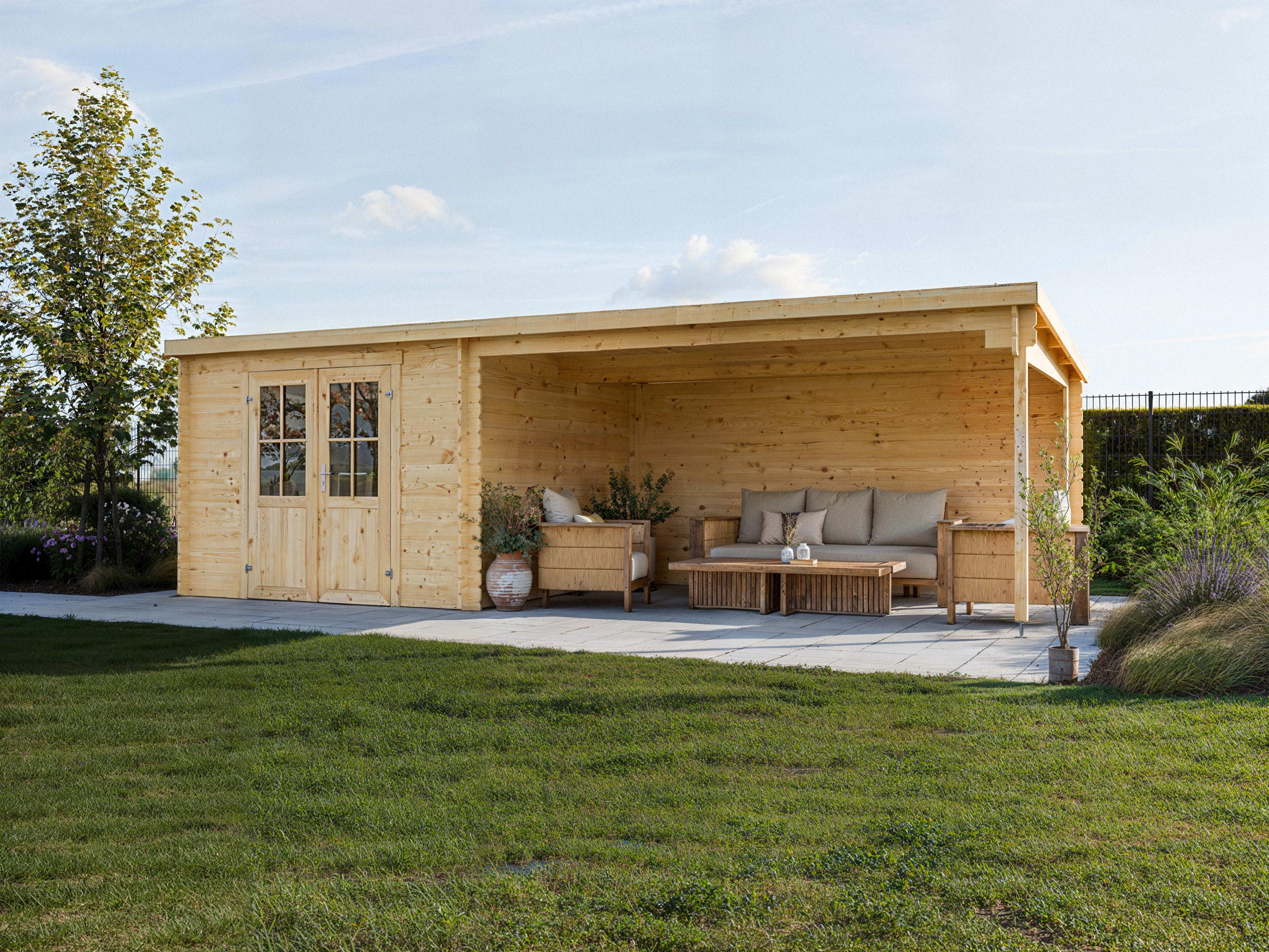Lasita Gartenhaus Naturbelassen 280 x 280 cm Blockbohlenhaus St Louis Exklusiv 28 mm mit 4 m Anbau, Fichte Flachdach, Doppeltür, Nut Feder, Gartenhaus mit Anbau