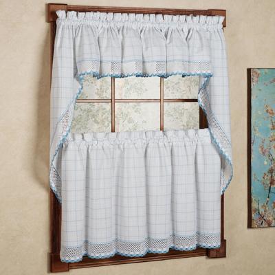 Sweet Home Collection Cotton Classic White Blue Window Pane Pattern and Crotchet Trim Tiers Swags and Valance Options