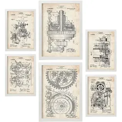 POSTER Set Mit 6 Plakaten Mit Maschinen Patenten Im Vintage Stil A3 & A4 Weißer Rahmen