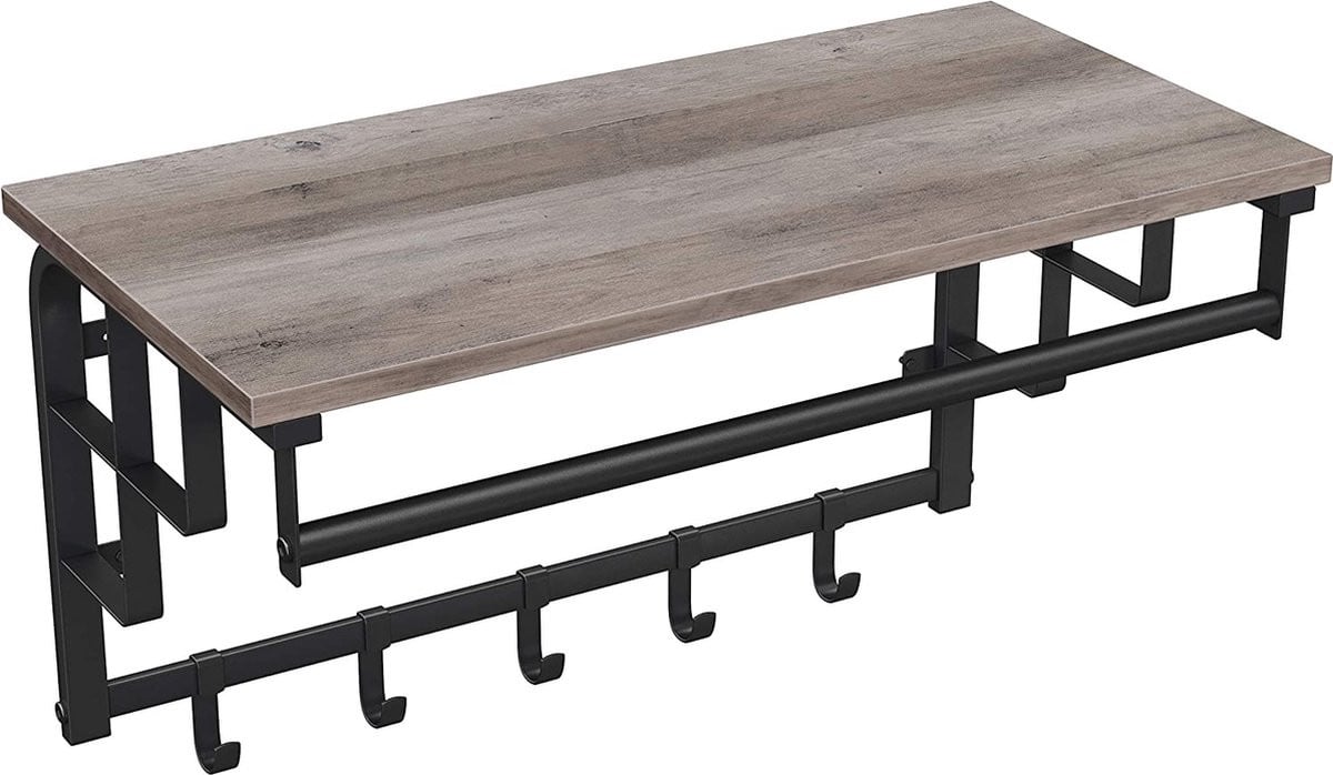 Wandgarderobe met legbord, wandplank met 5 uitneembare haken en hangstang, grijs-zwart LCR012B02