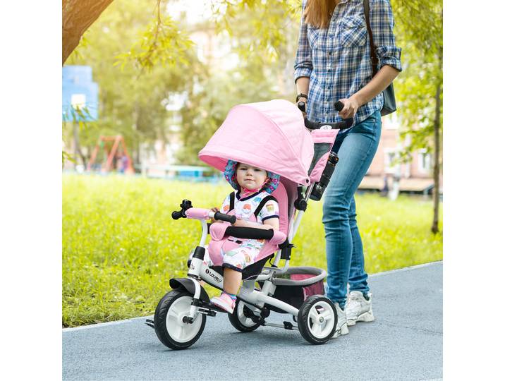 HOMCOM Tricycle Enfants 1-5 Ans avec Auvent Réglable Blanc Rose