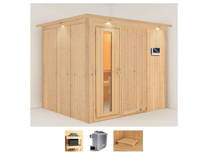 Sauna KARIBU Gitte , beige (naturbelassen), Saunaofen, externe Steuerung, 9 kW, Saunen, Sauna, Ofen 9 KW externe Strg easy