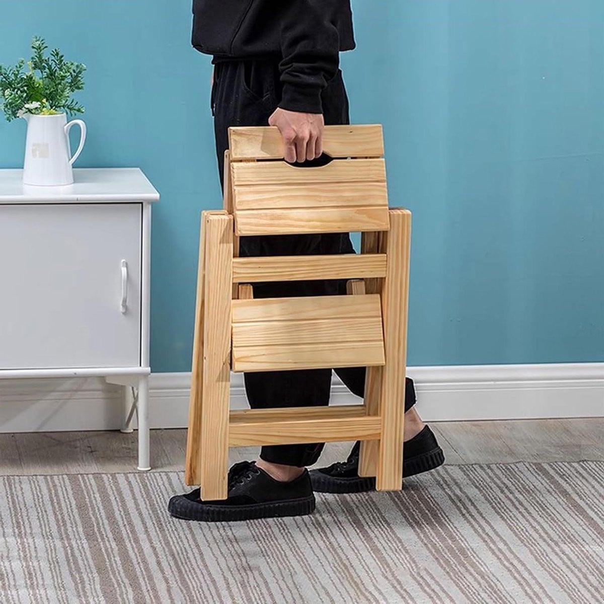 Merkloze Houten Opstapkruk - Opvouwbare Klapladder voor Huishoudelijke Klusjes - Houtkleur