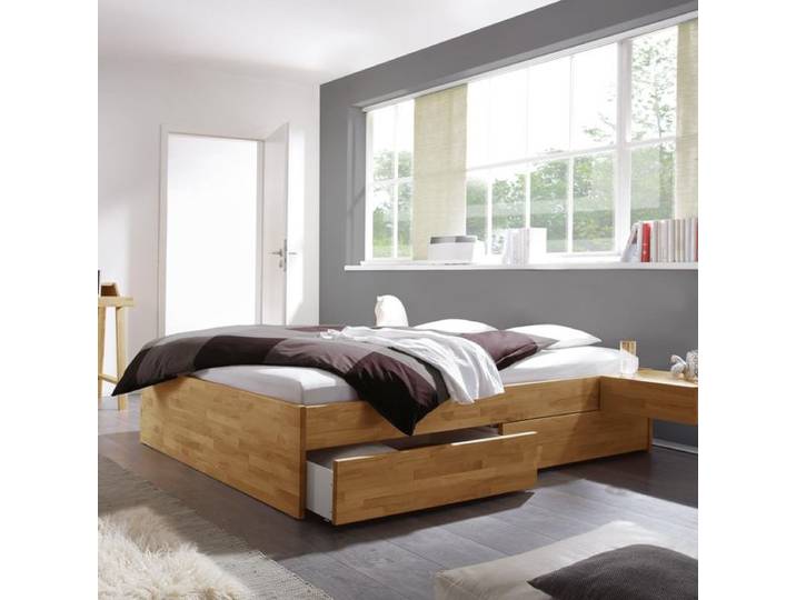 Bett Manchester Komfort Kernbuche Massivholz ohne Kopfteil mit Schubkasten 160x200cm klassischer Stil,