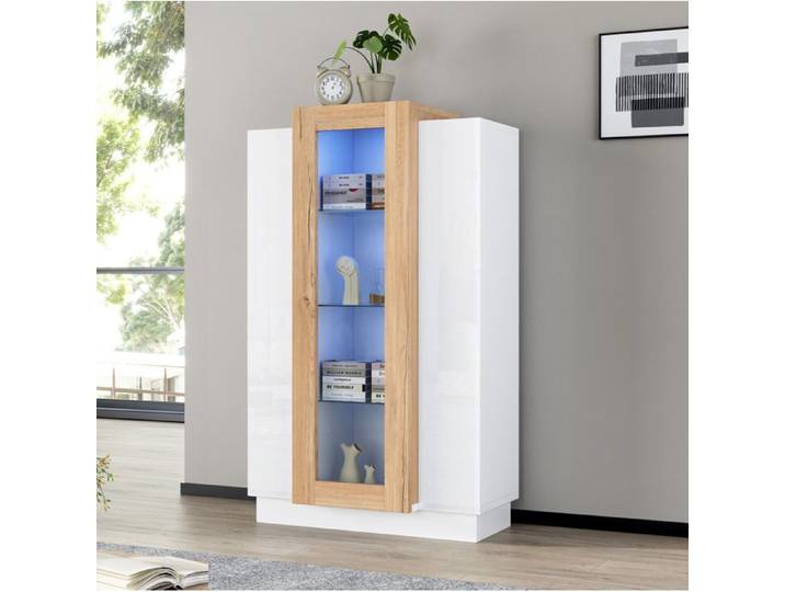 Vitrine salon 74x40x120 cm 3 portes acrylique transparent LED via appli 4 niveaux panneau particules blanc/naturel
