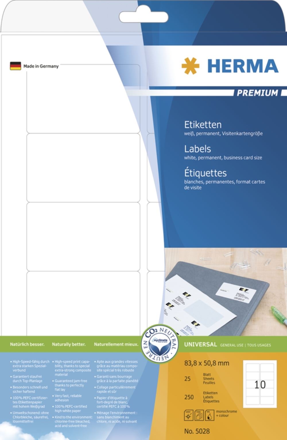 Herma 5028 Premium Universal-Etiketten 8.38x5.08 cm (25 Blatt ( 250 Etiketten))