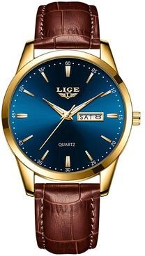 Youfap Market Leather Men's Quartz Wristwatch, Business Man Watch Waterproof Luminous, Auto Date Week Men Watches For Fashion blue Gold