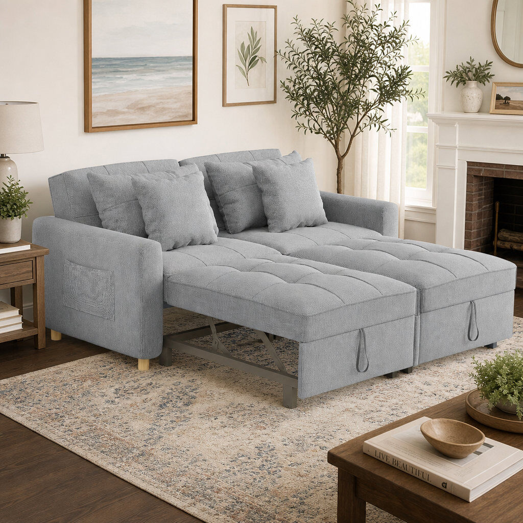 Zipcode Design Borchert 2 Seater Fabric Sofa Bed Grey Linen 88cm H X 165cm W X 90cm D