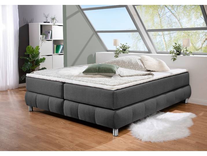Boxspringbett, Strukturstoffe, Anthrazit, 206×206 cm, Ohne Kopfteil, Modern, andas