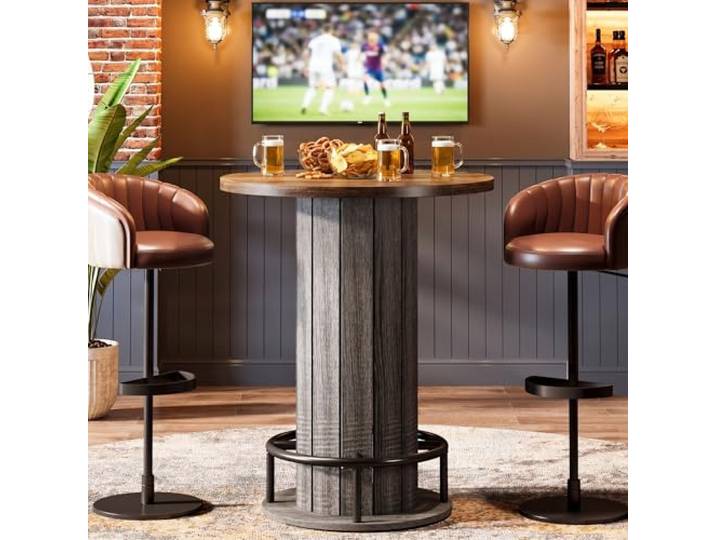 Tribesigns Runder Bartisch, 100,1 cm hoch, Holz, Bistrotisch mit Metallring-Fußstütze für Esszimmer, Kaffee, Cocktail, Wohnzimmer, kleiner Raum, Braun und Grau (nur Tisch)