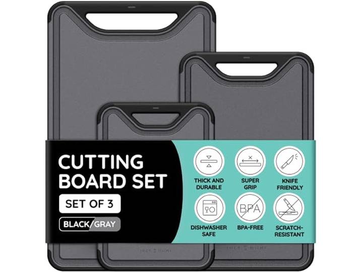 Schneidebretter für Küche,Kunststoff Schneidebrett 3er Set, Spülmaschinenfeste Schneidebretter mit Saftrillen, Dicke Schneidebretter für Fleisch, Gemüse, Easy Grip Griff, rutschfest (Schwarz/Grau)
