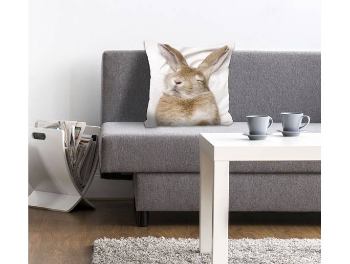 Dekokissen QUEENCE Ketut , braun (braun, bedruckt), B:40cm L:40cm, Polyester, Dekokissen_Sitzkissen_Kissenhüllen, Dekokissen, mit einem schlafenden Hasen