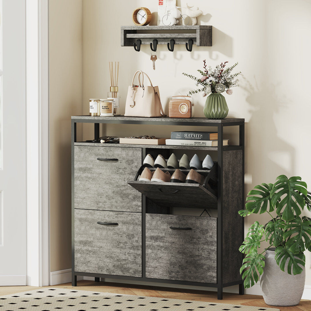 Borough Wharf HOMCOM Shoe Cabinet with 4 Flip Drawers, Holds 12-20 Pairs Cement Grey 20