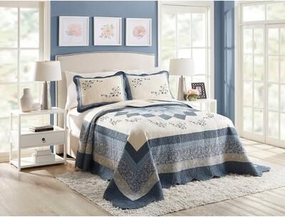 Porch & Den Leslie Pieced Floral Embroidered Blue Bedspread (pillow shams sold separately)