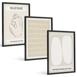 BILDER SET 3er Set - 40x60 cm Schwarzer Rahmen - Linien, Formen, Beige, Weiß
