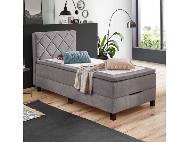 Einzel-Boxbett Hilke Webstoff mit Bettkasten 120x200cm Box ohne Federung Härtegrad: H2 Hellgrau klassischer Stil, Mit abnehmbarem Bezug