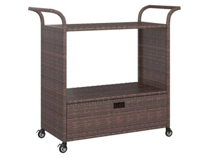 Foknhdi Barwagen mit Schublade Braun 100x45x97 cm Servierwagen Garten Mobiler Gartenwagen aus Poly-Rattan mit integrierter Schublade und bremsbaren Rollen für Terrasse und Balkon.