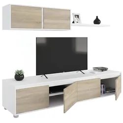 Dmora Einbaufertige Wand Savannah, TV-Ständer für Wohnzimmer, Zusammensetzung des Wohnzimmersets, 200x41h43 cm, Weiß und Eiche
