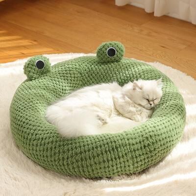 Rare Purchases Winter Warm Pet Nest, Small Frog Shape Puppy House, Plush Cats Den, Semi Enclosed Kitten Mattress circular Fossa