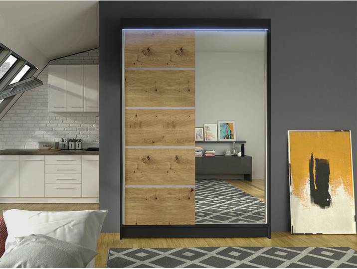 MIRJAN24 Schiebetürenschrank Lino III, mit Spiegel, Kleiderschrank vom Hersteller (Schwarz / Artisan Eiche, mit RGB LED Beleuchtung)