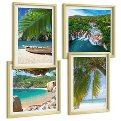 BILDER SET 4er Set - 50x50 cm & 40x60 cm Goldrahmen - Strand, Boot, Wasserfälle, Palmen